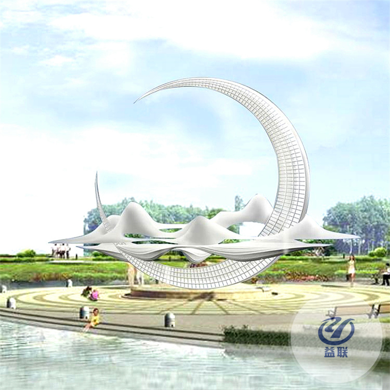 大型不銹鋼月亮鏡面雕塑發(fā)光鏤空?qǐng)A環(huán)噴霧流水景觀戶外金屬大擺件